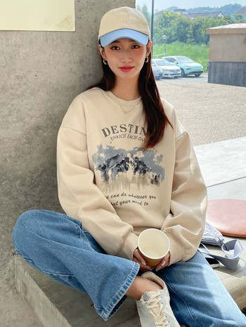 Корейски моден дамски суичър Destiny Enrich Every Day Суичър с качулка с принт на букви Топъл пуловер с дълги ръкави с О-образно деколте Дамски дрехи