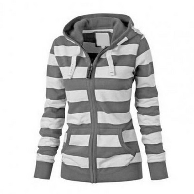 Ženska majica s kapuljačom na pruge, jesen, zima, džepovi s vezicom, dugi rukavi i patentni zatvarači, majica s kapuljačom za sport