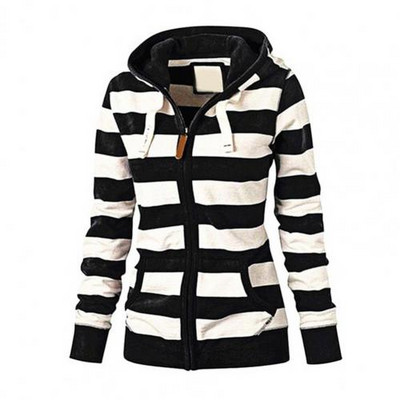 Ženska majica s kapuljačom na pruge, jesen, zima, džepovi s vezicom, dugi rukavi i patentni zatvarači, majica s kapuljačom za sport