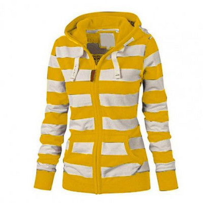 Ženska majica s kapuljačom na pruge, jesen, zima, džepovi s vezicom, dugi rukavi i patentni zatvarači, majica s kapuljačom za sport