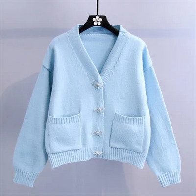 Φθινοπωρινό Χειμερινό μασίφ κομψά κουμπιά με στρας πεταλούδα Πλεκτό πουλόβερ ζακέτα Κορεάτικο πουλόβερ με λαιμόκοψη σε V με λαιμόκοψη Streetwear Υπερμεγέθη πουλόβερ