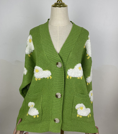 Νέο Sheep Print Μονόστομο oversize Ζακέτα πουλόβερ Κορεάτικο V λαιμόκοψη Μεγάλη τσέπη Φαρδύ πλεκτό πουλόβερ Νέα χοντρά παλτό