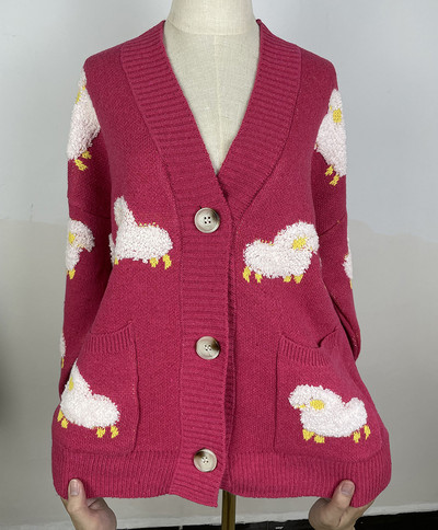 Νέο Sheep Print Μονόστομο oversize Ζακέτα πουλόβερ Κορεάτικο V λαιμόκοψη Μεγάλη τσέπη Φαρδύ πλεκτό πουλόβερ Νέα χοντρά παλτό