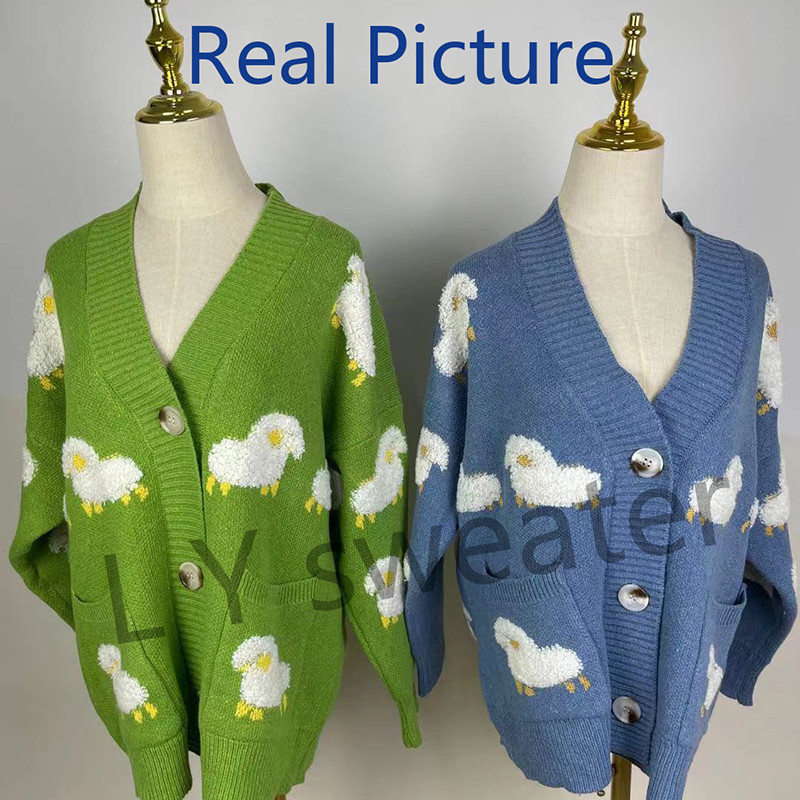 Νέο Sheep Print Μονόστομο oversize Ζακέτα πουλόβερ Κορεάτικο V λαιμόκοψη Μεγάλη τσέπη Φαρδύ πλεκτό πουλόβερ Νέα χοντρά παλτό