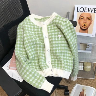 2023 Sweet O-neck Heart Button Lattice Splicing ροζ ζακέτα πουλόβερ Μόδα Χαλαρό μονόπλευρο πλεκτό πουλόβερ Preppy στυλ