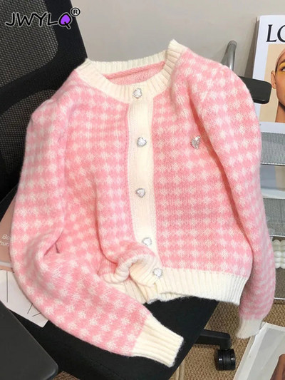 2023 Dulce Gâtul O Inimă Buton Lattice Splicing Roz Cardigan Pulover Moda Lejer, la un singur piept, Preppy Style Pulover tricotat