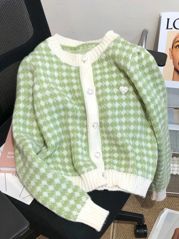 2023 Sweet O-neck Heart Button Lattice Splicing ροζ ζακέτα πουλόβερ Μόδα Χαλαρό μονόπλευρο πλεκτό πουλόβερ Preppy στυλ