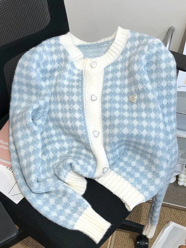 2023 Sweet O-neck Heart Button Lattice Splicing ροζ ζακέτα πουλόβερ Μόδα Χαλαρό μονόπλευρο πλεκτό πουλόβερ Preppy στυλ