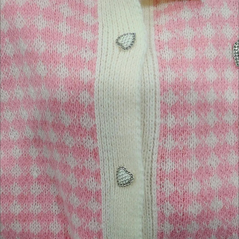 2023 Sweet O-neck Heart Button Lattice Splicing ροζ ζακέτα πουλόβερ Μόδα Χαλαρό μονόπλευρο πλεκτό πουλόβερ Preppy στυλ