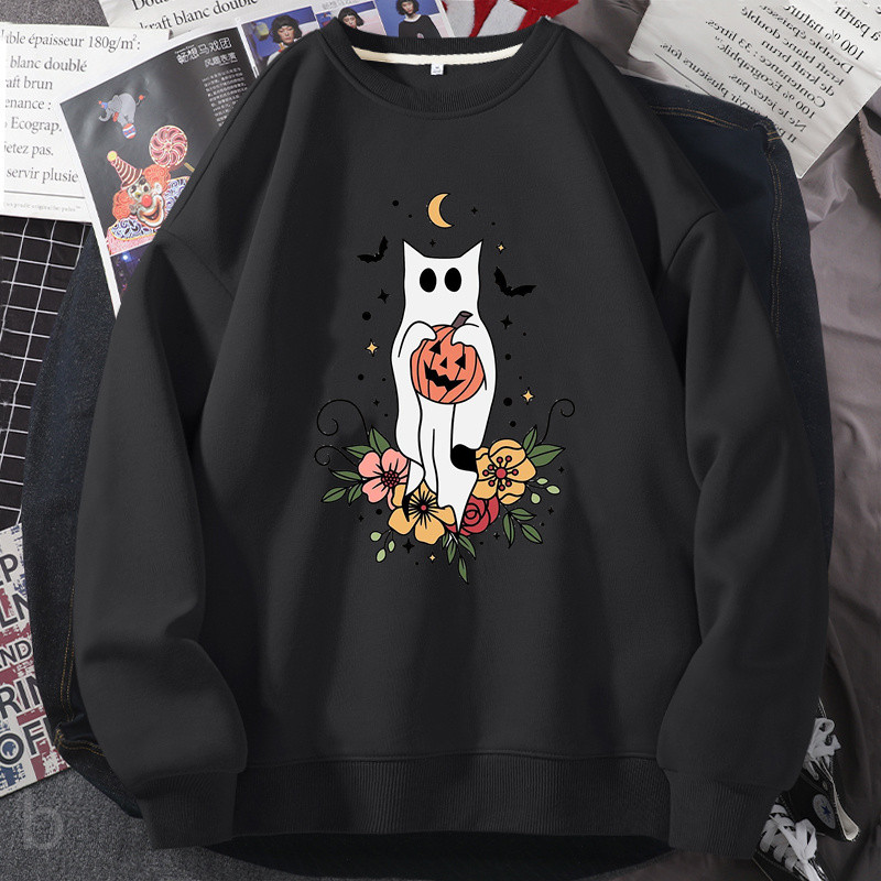 Halloween Ghost Sweatshirt Ženska Ženska Slatka Smiješna Mačka Spooky Pumkin Graphic Hoodie Dugih rukava Jesen Sweatshirt s okruglim izrezom Kaput