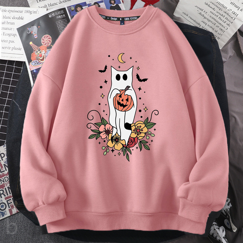 Halloween Ghost Sweatshirt Ženska Ženska Slatka Smiješna Mačka Spooky Pumkin Graphic Hoodie Dugih rukava Jesen Sweatshirt s okruglim izrezom Kaput