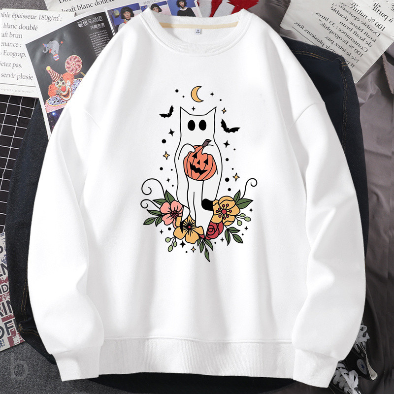 Halloween Ghost Sweatshirt Ženska Ženska Slatka Smiješna Mačka Spooky Pumkin Graphic Hoodie Dugih rukava Jesen Sweatshirt s okruglim izrezom Kaput