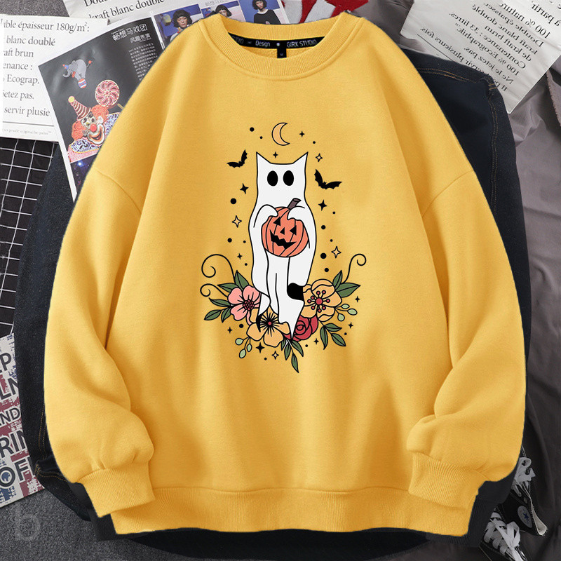 Halloween Ghost Sweatshirt Ženska Ženska Slatka Smiješna Mačka Spooky Pumkin Graphic Hoodie Dugih rukava Jesen Sweatshirt s okruglim izrezom Kaput