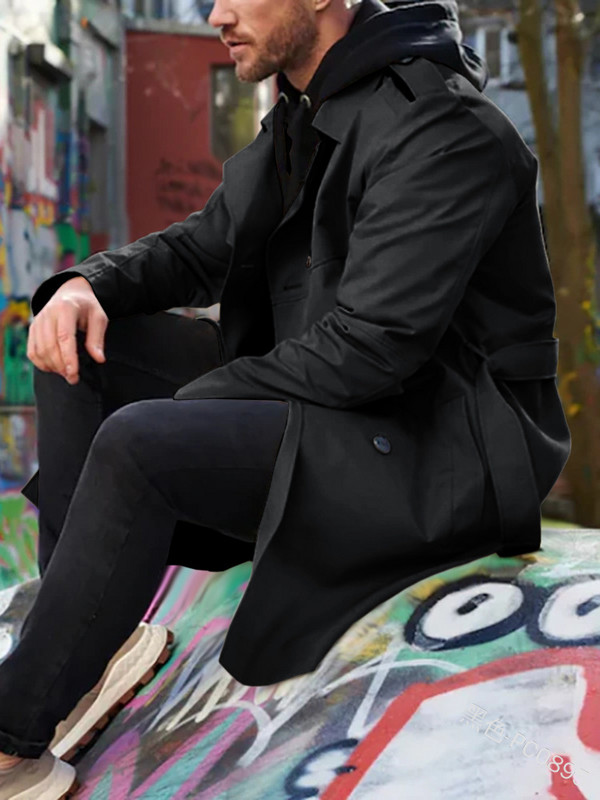 Ανοιξιάτικο και φθινόπωρο μονόχρωμο μακρυμάνικο αντιανεμικό ανδρικό πόλο λαιμόκοψη λεπτή εφαρμογή Διπλό μπουφάν Casual παλτό