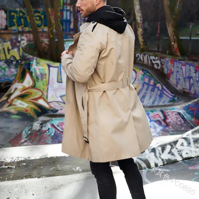 Ανοιξιάτικο και φθινόπωρο μονόχρωμο μακρυμάνικο αντιανεμικό ανδρικό πόλο λαιμόκοψη λεπτή εφαρμογή Διπλό μπουφάν Casual παλτό