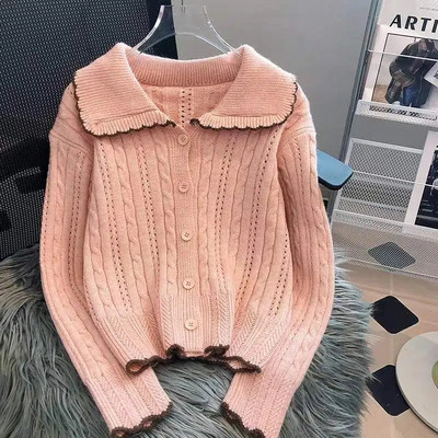 Κορεάτικο Sweet Peter Pan γιακά Πλεκτό Πλεκτό πουλόβερ All-Match Twist Hollow Out Top New Fashion Hit Color Coat