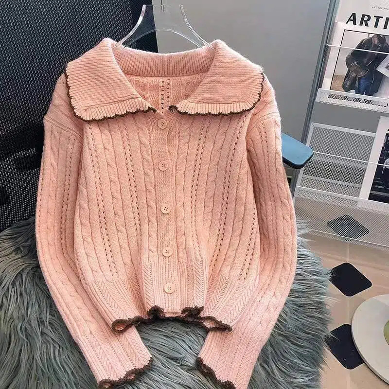 Κορεάτικο Sweet Peter Pan γιακά Πλεκτό Πλεκτό πουλόβερ All-Match Twist Hollow Out Top New Fashion Hit Color Coat