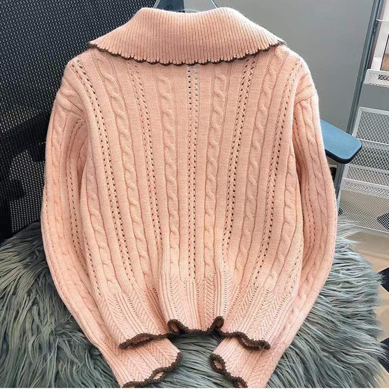 Κορεάτικο Sweet Peter Pan γιακά Πλεκτό Πλεκτό πουλόβερ All-Match Twist Hollow Out Top New Fashion Hit Color Coat