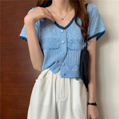 Korejski slatki džemper s jednorednim kopčanjem s V-izrezom Ljetni tanki skraćeni pulover kratkih rukava Ležerni hit u boji