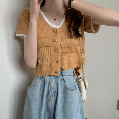 Korejski slatki džemper s jednorednim kopčanjem s V-izrezom Ljetni tanki skraćeni pulover kratkih rukava Ležerni hit u boji