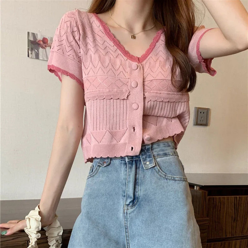 Korejski slatki džemper s jednorednim kopčanjem s V-izrezom Ljetni tanki skraćeni pulover kratkih rukava Ležerni hit u boji