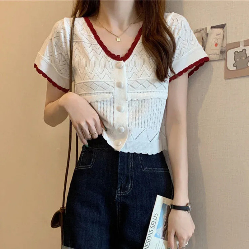 Korejski slatki džemper s jednorednim kopčanjem s V-izrezom Ljetni tanki skraćeni pulover kratkih rukava Ležerni hit u boji