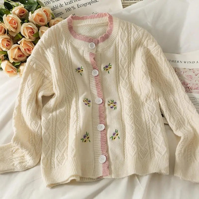 Vintage φιόγκο V λαιμόκοψη πλεκτές ζακέτες Κορεάτικες χαλαρές μονόπετες Students Streetwear πουλόβερ Casual Sweet Γυναικείο πουλόβερ