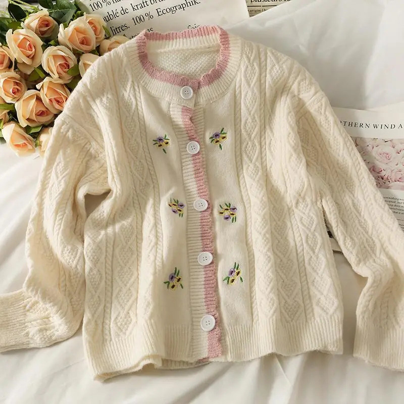 Vintage φιόγκο V λαιμόκοψη πλεκτές ζακέτες Κορεάτικες χαλαρές μονόπετες Students Streetwear πουλόβερ Casual Sweet Γυναικείο πουλόβερ