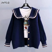 Νέο Sweet Peter Pan Collar Hit Color Γυναικεία ζακέτα μονόπετη 2022 Φθινοπωρινό χαλαρό πλεκτό πουλόβερ Casual Basic γυναικείο πουλόβερ