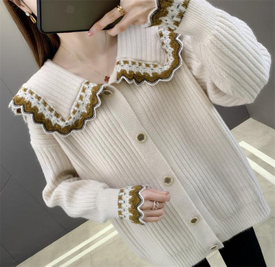 Νέο Sweet Peter Pan Collar Hit Color Γυναικεία ζακέτα μονόπετη 2022 Φθινοπωρινό χαλαρό πλεκτό πουλόβερ Casual Basic γυναικείο πουλόβερ