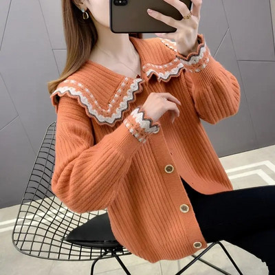 Νέο Sweet Peter Pan Collar Hit Color Γυναικεία ζακέτα μονόπετη 2022 Φθινοπωρινό χαλαρό πλεκτό πουλόβερ Casual Basic γυναικείο πουλόβερ