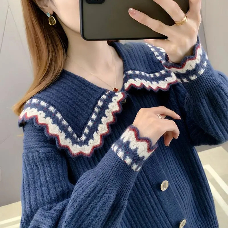 Νέο Sweet Peter Pan Collar Hit Color Γυναικεία ζακέτα μονόπετη 2022 Φθινοπωρινό χαλαρό πλεκτό πουλόβερ Casual Basic γυναικείο πουλόβερ