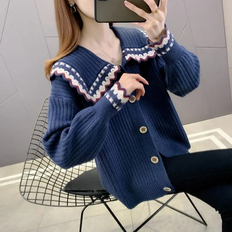 Νέο Sweet Peter Pan Collar Hit Color Γυναικεία ζακέτα μονόπετη 2022 Φθινοπωρινό χαλαρό πλεκτό πουλόβερ Casual Basic γυναικείο πουλόβερ