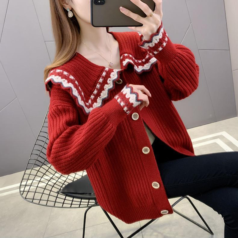 Νέο Sweet Peter Pan Collar Hit Color Γυναικεία ζακέτα μονόπετη 2022 Φθινοπωρινό χαλαρό πλεκτό πουλόβερ Casual Basic γυναικείο πουλόβερ