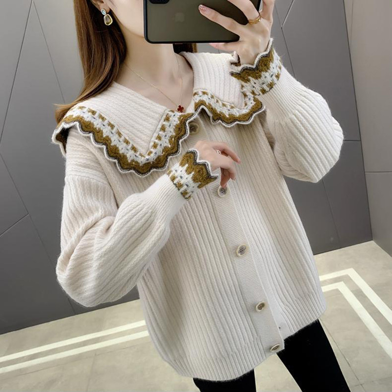 Νέο Sweet Peter Pan Collar Hit Color Γυναικεία ζακέτα μονόπετη 2022 Φθινοπωρινό χαλαρό πλεκτό πουλόβερ Casual Basic γυναικείο πουλόβερ