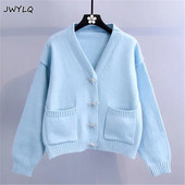 Κορεάτικο στρας πεταλούδα Γυναικεία ζακέτα μονόχρωμη μονόχρωμη λαιμόκοψη σε σχήμα V Plus μέγεθος 3XL γυναικείο πουλόβερ Απλό πλεκτό πουλόβερ