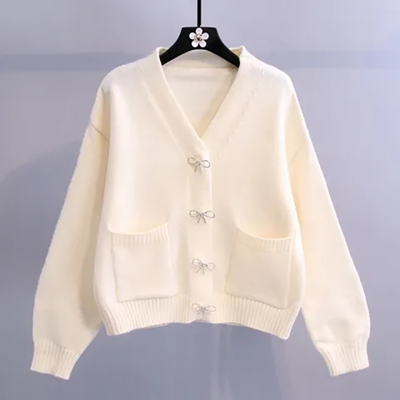 Κορεάτικο στρας πεταλούδα Γυναικεία ζακέτα μονόχρωμη μονόχρωμη λαιμόκοψη σε σχήμα V Plus μέγεθος 3XL γυναικείο πουλόβερ Απλό πλεκτό πουλόβερ