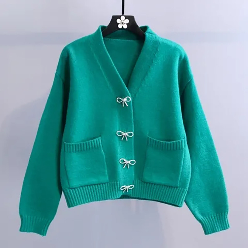 Κορεάτικο στρας πεταλούδα Γυναικεία ζακέτα μονόχρωμη μονόχρωμη λαιμόκοψη σε σχήμα V Plus μέγεθος 3XL γυναικείο πουλόβερ Απλό πλεκτό πουλόβερ