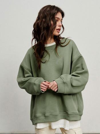 Дамски суичър 2023 Есен Зима Едноцветен полар Големи пуловери Дамски ежедневни О деколте Свободни суичъри Хип-хоп Streetwear