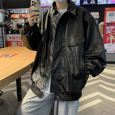 Σακάκι από ψεύτικο δέρμα Ανδρικό φθινοπωρινό Ανδρικό χιπ χοπ μπουφάν PU Faux δερμάτινο ανδρικό oversize Streetwear Κορεατικά σακάκια μόδας Παλτό B43