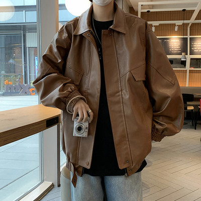 Σακάκι από ψεύτικο δέρμα Ανδρικό φθινοπωρινό Ανδρικό χιπ χοπ μπουφάν PU Faux δερμάτινο ανδρικό oversize Streetwear Κορεατικά σακάκια μόδας Παλτό B43