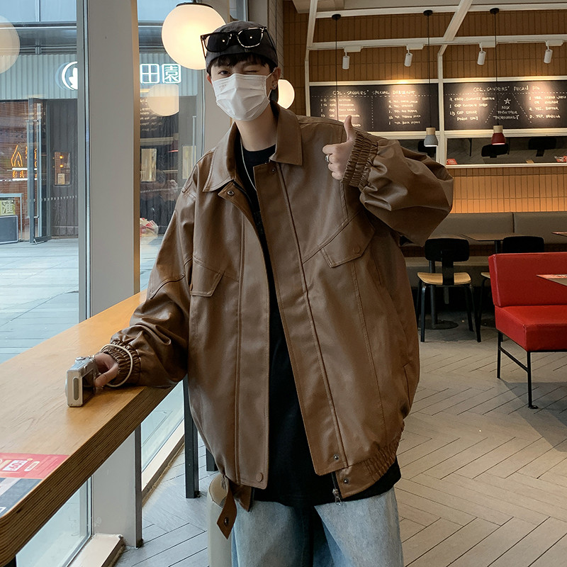 Σακάκι από ψεύτικο δέρμα Ανδρικό φθινοπωρινό Ανδρικό χιπ χοπ μπουφάν PU Faux δερμάτινο ανδρικό oversize Streetwear Κορεατικά σακάκια μόδας Παλτό B43