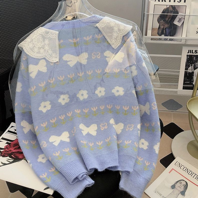 Κορεάτικη ζακέτα εκτύπωσης γιακά Peter Pan Sweet Γυναικεία απλή μακρυμάνικη γυναικεία ενδυμασία Νέο casual φαρδύ πουλόβερ