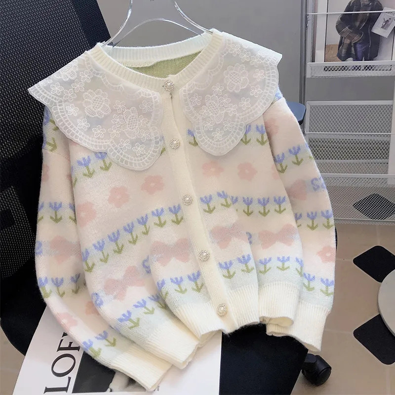 Κορεάτικη ζακέτα εκτύπωσης γιακά Peter Pan Sweet Γυναικεία απλή μακρυμάνικη γυναικεία ενδυμασία Νέο casual φαρδύ πουλόβερ