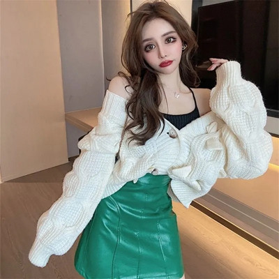 Κορεάτικο Γλυκό φιόγκο με λαιμόκοψη V μακρυμάνικο πλεκτό πουλόβερ Φθινοπωρινό Χειμώνα χαλαρό γυναικείο πουλόβερ Cropped πουλόβερ Streetwear μπλούζες ζακέτα