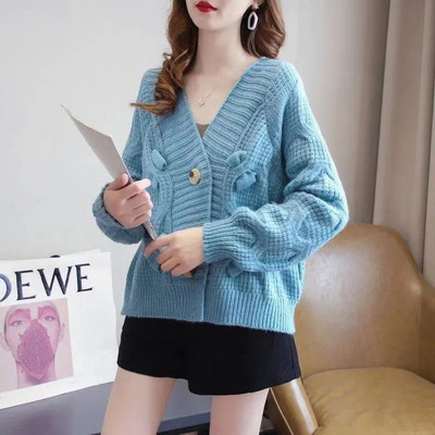 Κορεάτικο Γλυκό φιόγκο με λαιμόκοψη V μακρυμάνικο πλεκτό πουλόβερ Φθινοπωρινό Χειμώνα χαλαρό γυναικείο πουλόβερ Cropped πουλόβερ Streetwear μπλούζες ζακέτα