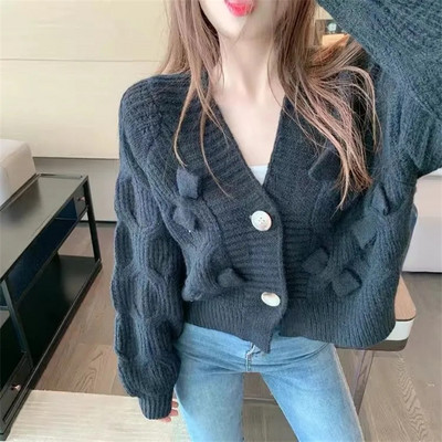 Κορεάτικο Γλυκό φιόγκο με λαιμόκοψη V μακρυμάνικο πλεκτό πουλόβερ Φθινοπωρινό Χειμώνα χαλαρό γυναικείο πουλόβερ Cropped πουλόβερ Streetwear μπλούζες ζακέτα