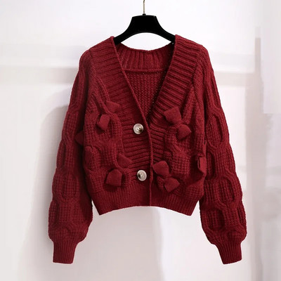 Κορεάτικο Γλυκό φιόγκο με λαιμόκοψη V μακρυμάνικο πλεκτό πουλόβερ Φθινοπωρινό Χειμώνα χαλαρό γυναικείο πουλόβερ Cropped πουλόβερ Streetwear μπλούζες ζακέτα