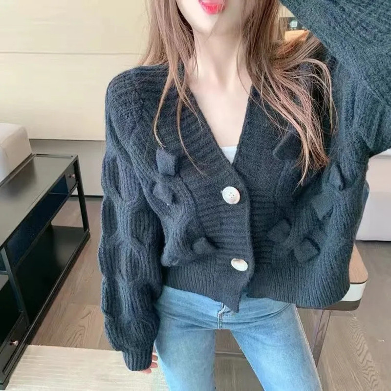 Κορεάτικο Γλυκό φιόγκο με λαιμόκοψη V μακρυμάνικο πλεκτό πουλόβερ Φθινοπωρινό Χειμώνα χαλαρό γυναικείο πουλόβερ Cropped πουλόβερ Streetwear μπλούζες ζακέτα