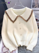 Κορεάτικο Sweet Peter Pan γιακά με μονόστομο μαργαριταρένιο κουμπιά Γυναικεία ζακέτα Φθινοπωρινό Χειμώνα Χαλαρά μακρυμάνικα πλεκτά μπλουζάκια